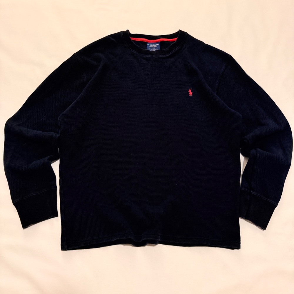 Polo Ralph Lauren Thermal Shirt Mens Large Navy Blue Waffle Knit Long Sleeve